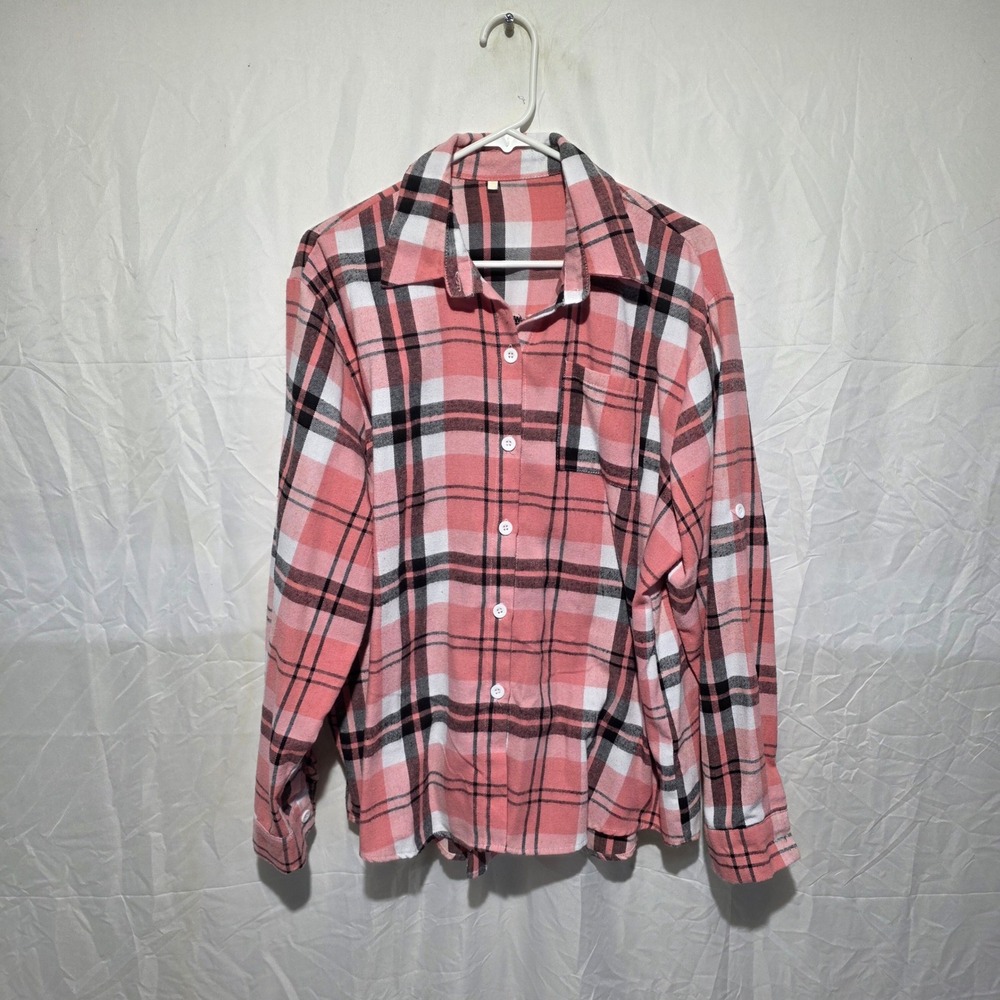 Pink Plaid Button Down Flannel Shirt Roll Tab Long Sleeve Cotton Blend Top